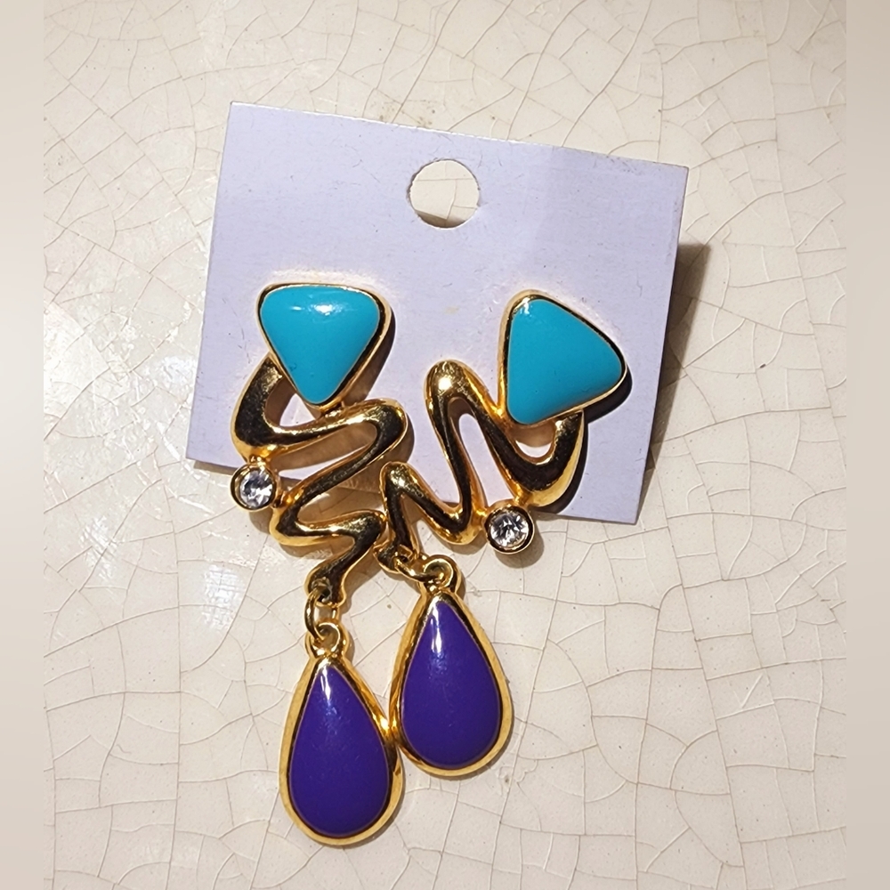 Vintage Avon 80s squiggly zigzag line geometric gold purple aqua post earrings